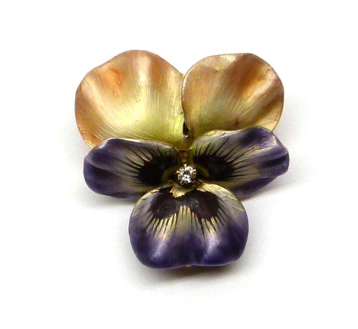 Antique iridescent enamel, diamond and gold pansy brooch